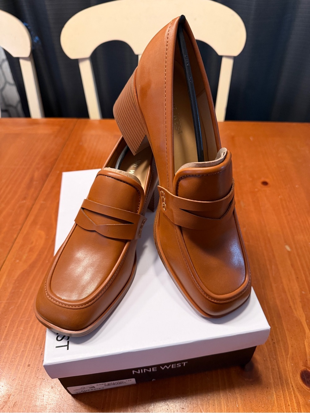 Nine West Cognac Brown Leather Mid-Block Heel Loafers